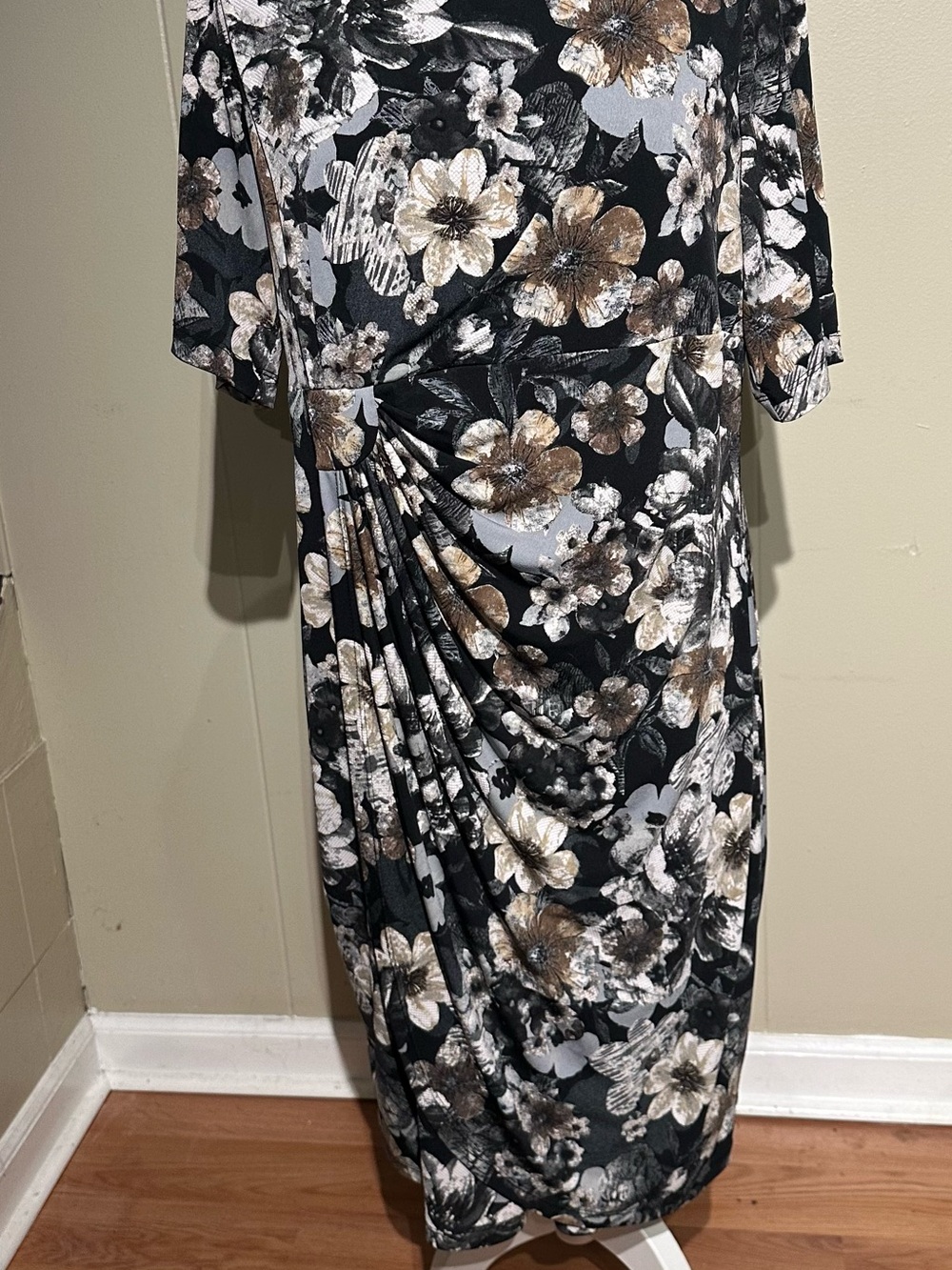 connected apparel Black Floral Draped Midi Dress with Taupe Accents